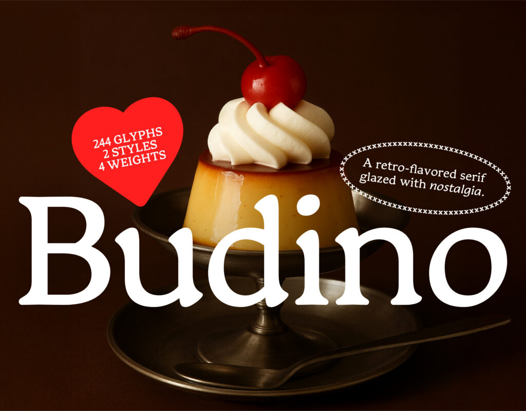 Cover for Budino Typeface, a serif font family designed for text. The characters are bouncy yet structured, with a jelly-like soul.