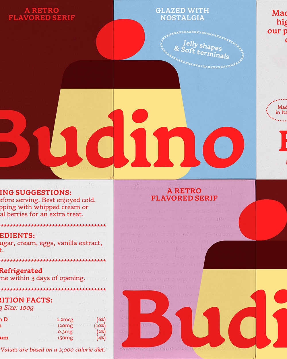Budino Typeface Paper Packaging, Type design by Elisabetta Vedovato, Uoi Studio